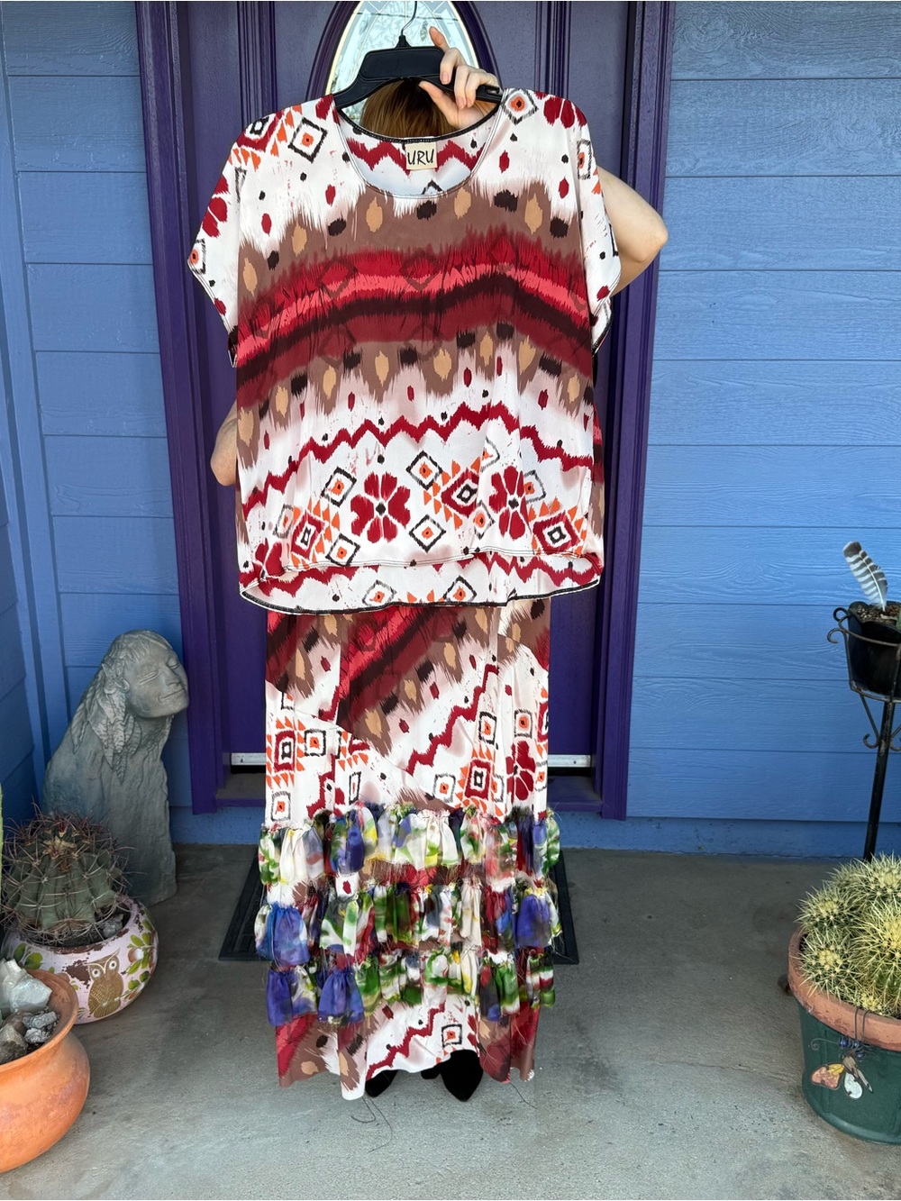 Vintage 100% SILK Deadstock URU 2-piece Blouse + Skirt matching set Size Large 2